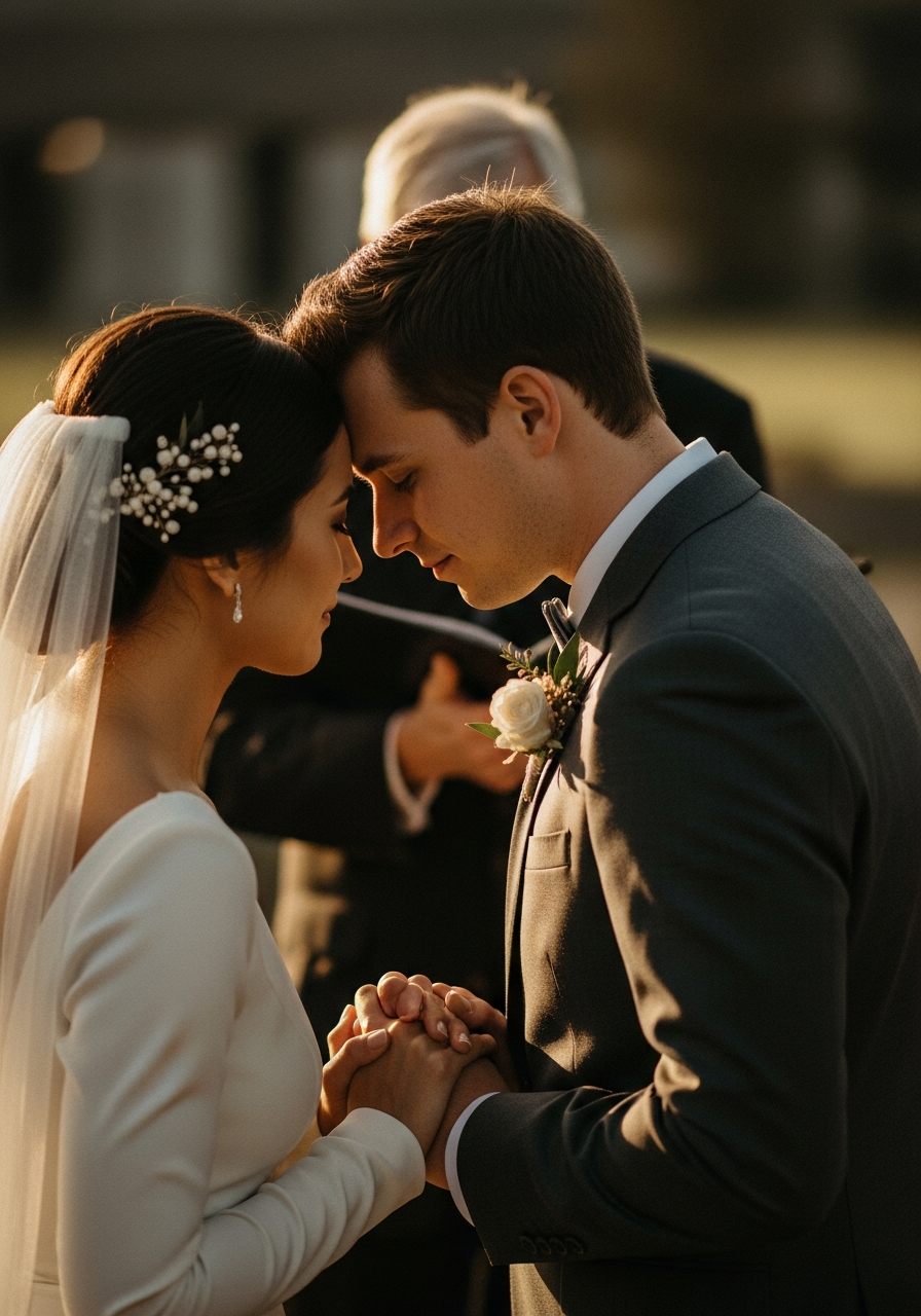 A couple at the altar on their wedding day, foreheads touching, hands clasped in warm light.